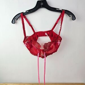 Jezebel Women Bra 34D‎ Red Pink Lace Sheer Lace Up Underwire Sexy Feminine